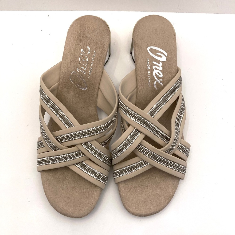 Onex Misha Sandals Block Heel Womens 8 Beige Straps Crystals Made In Italy